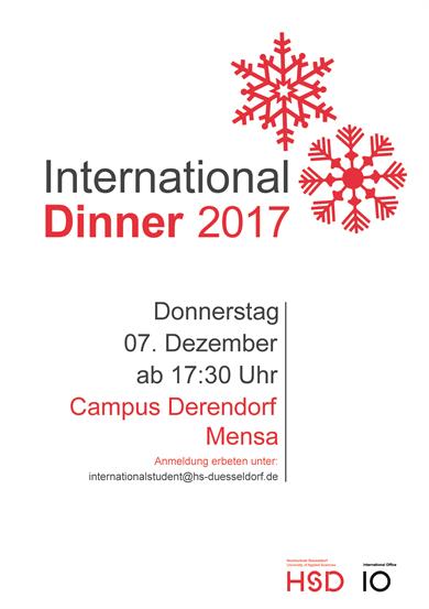 Plakat für das Internationale Dinner 2017. Zwei große rote Schneeflocken und Angaben zur Veranstaltung.